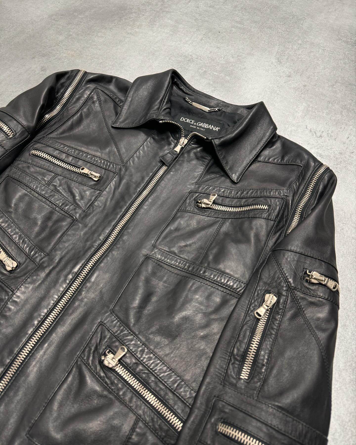 2000s Moschino Multi Zips Circle Black Leather Jacket - 7