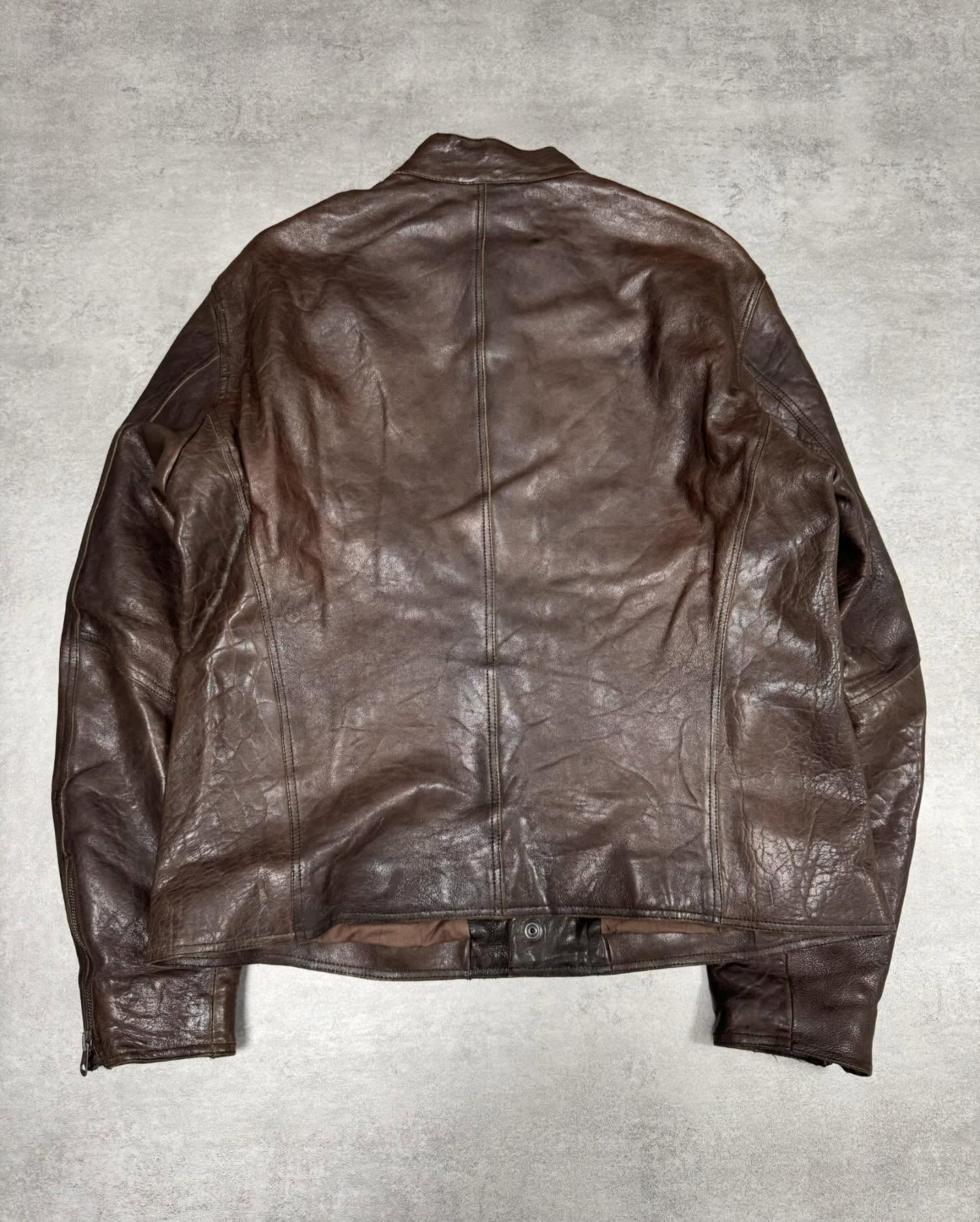 1990s Emporio Armani Asymmetrical Avant Garde Brown Leather Jacket - 7