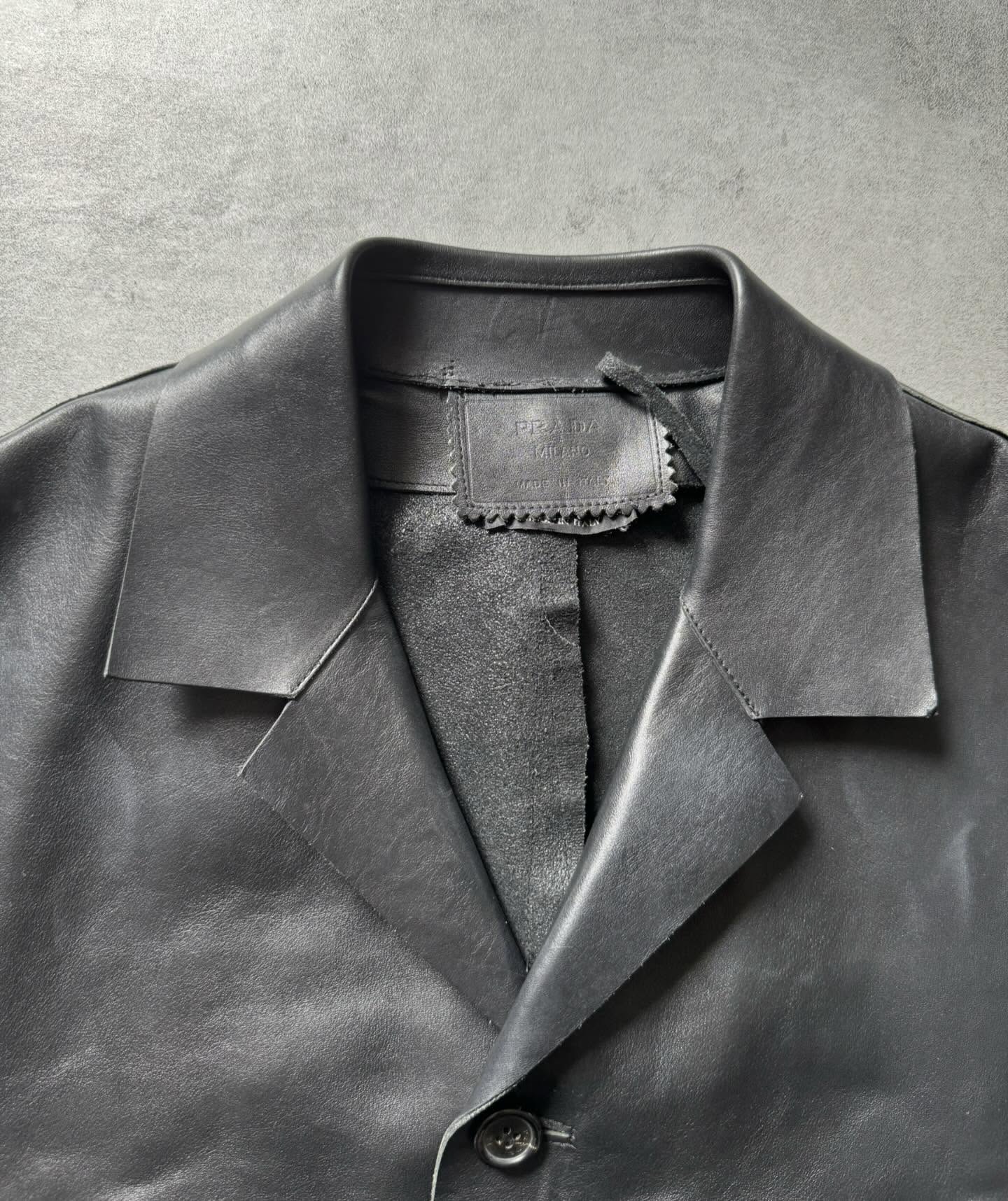 2000s Prada Black Minimalist Leather Blazer Jacket - 7