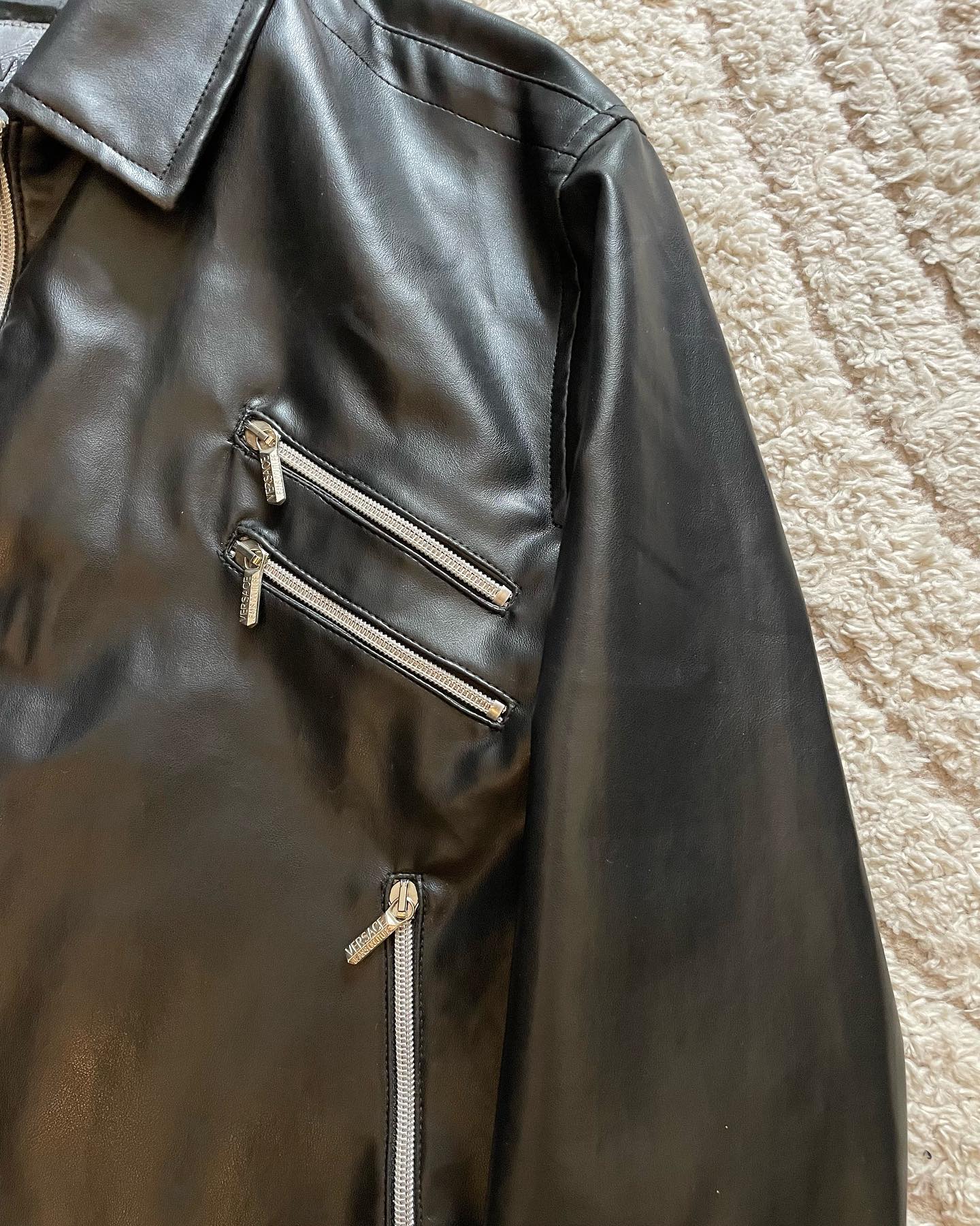 2000s Versace Multi Zips Black Eco Leather Jacket - 10