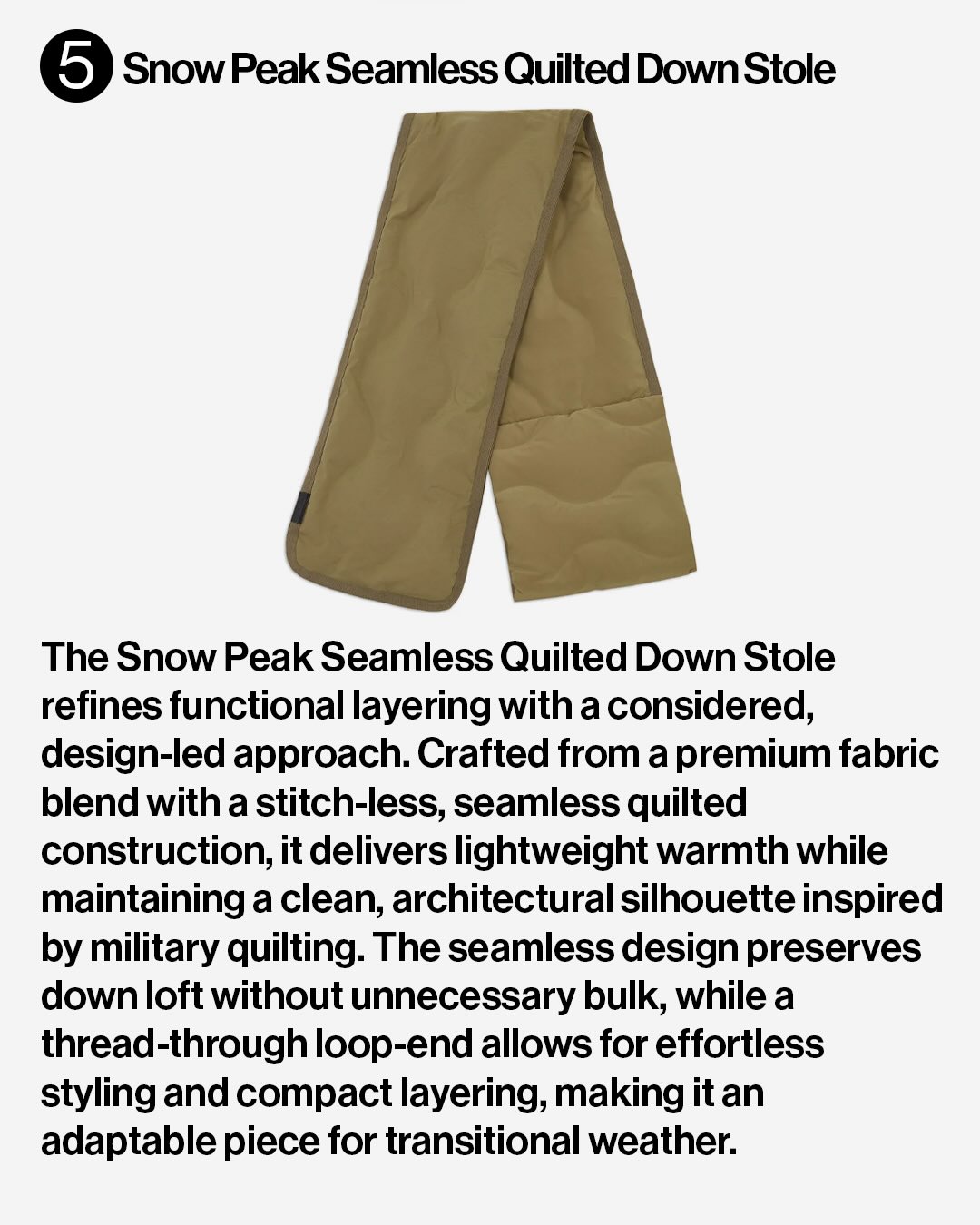 Snow peak Seamless Quilted Down Stole - Olive - 4