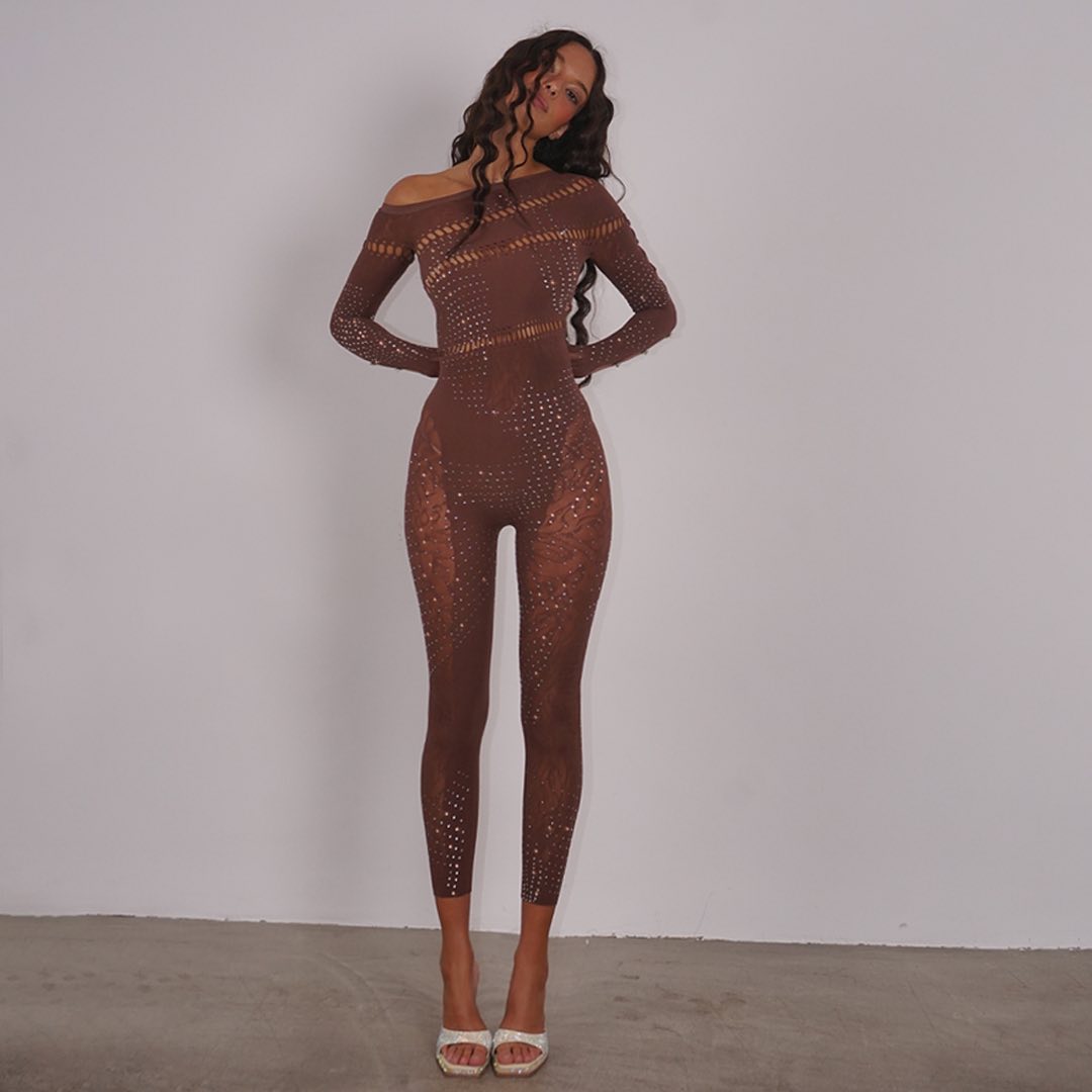 Ivy Long Rhinestone Jumpsuit Black - 7