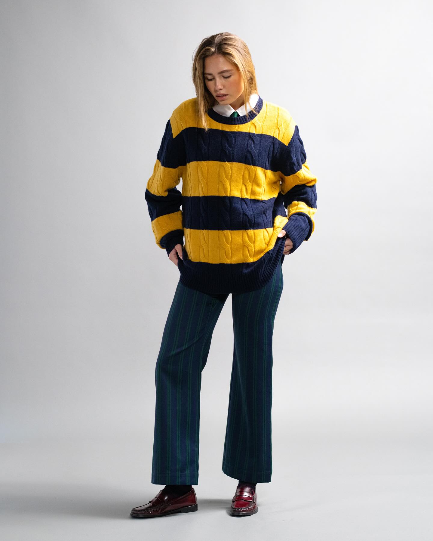 Cashmere Rugby Cable Knit Sweater Red/Grey Heather Stripe - 7