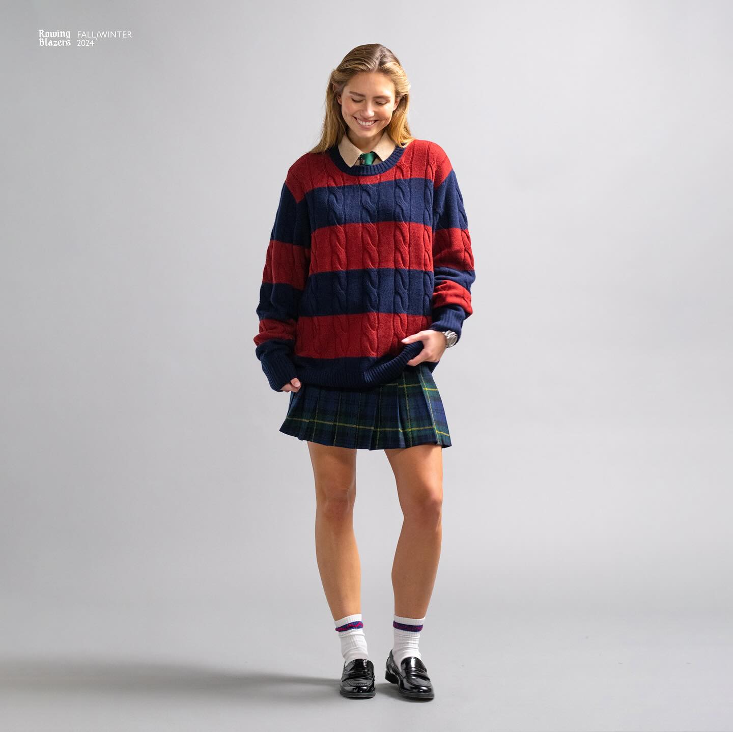 Cashmere Rugby Cable Knit Sweater Red/Grey Heather Stripe - 6