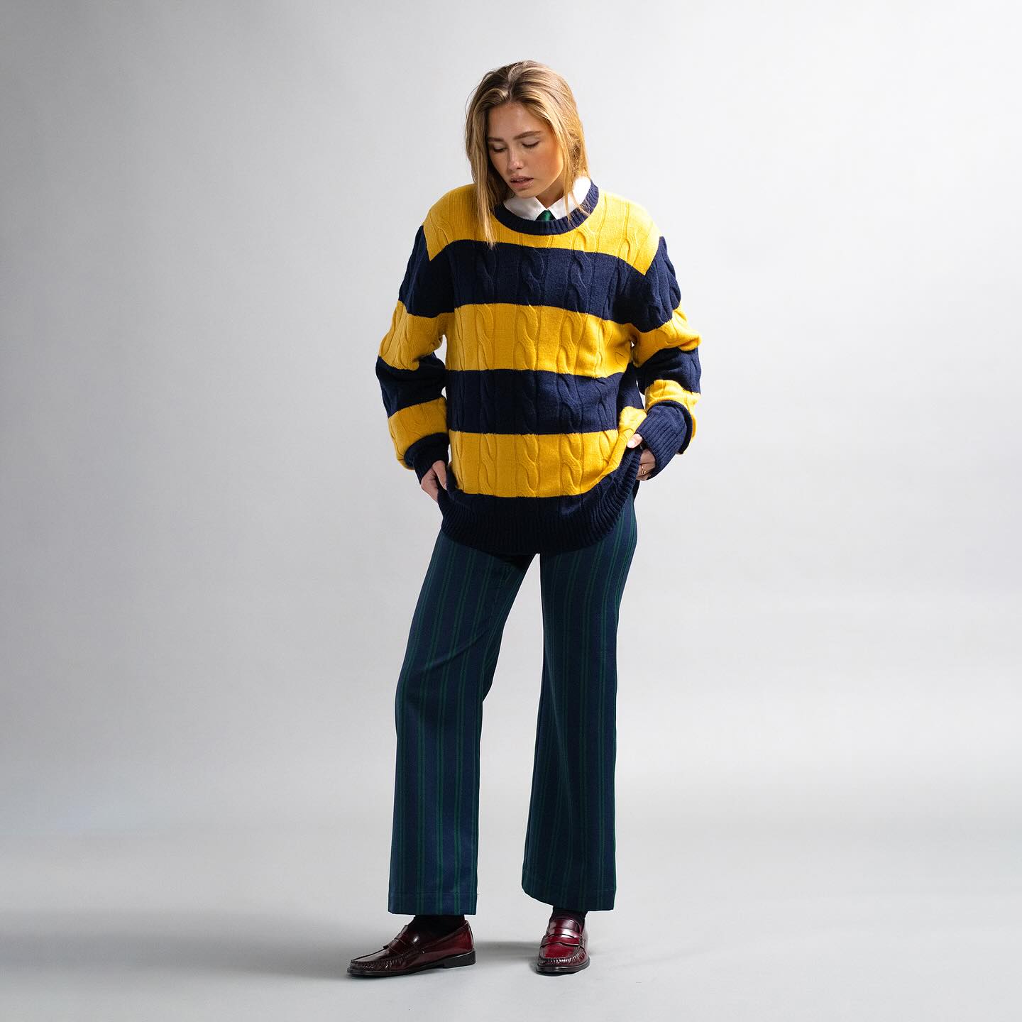 Cashmere Rugby Cable Knit Sweater Red/Grey Heather Stripe - 8