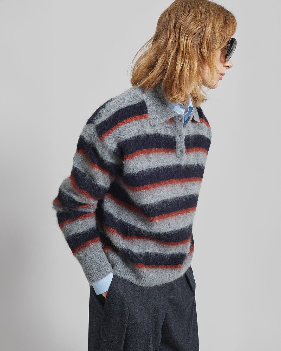 Sorlia Mohair Polo Sweater - Grey Multi Stripe - 10