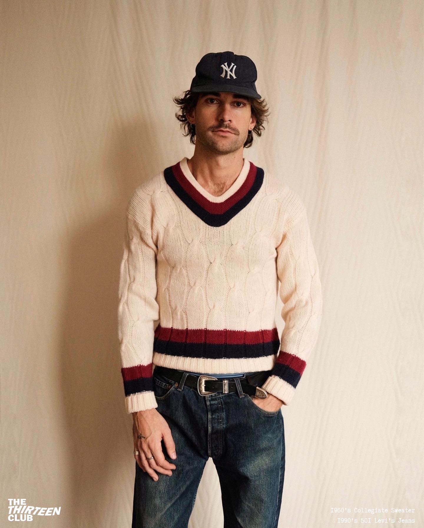 1980s - Cream/Navy Striped Sweater - M - 8