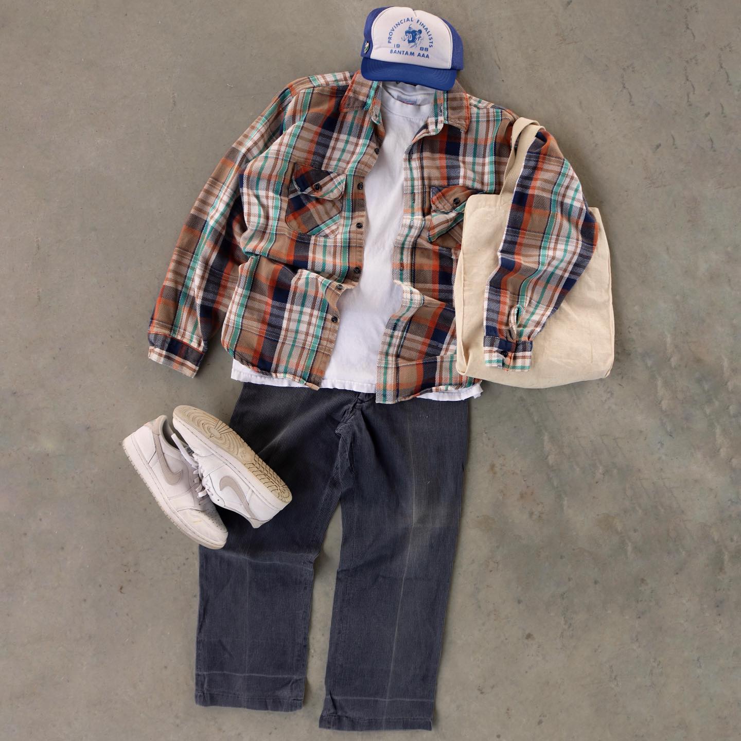 1980s - Blue/Beige Five Brother Plaid Flannel - M - 10