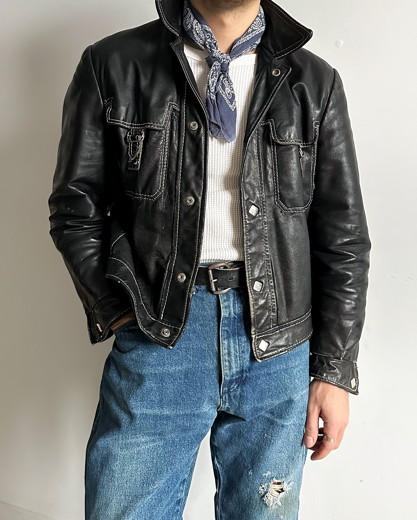 1980s - Faded Grey Leather Jacket - M - 6