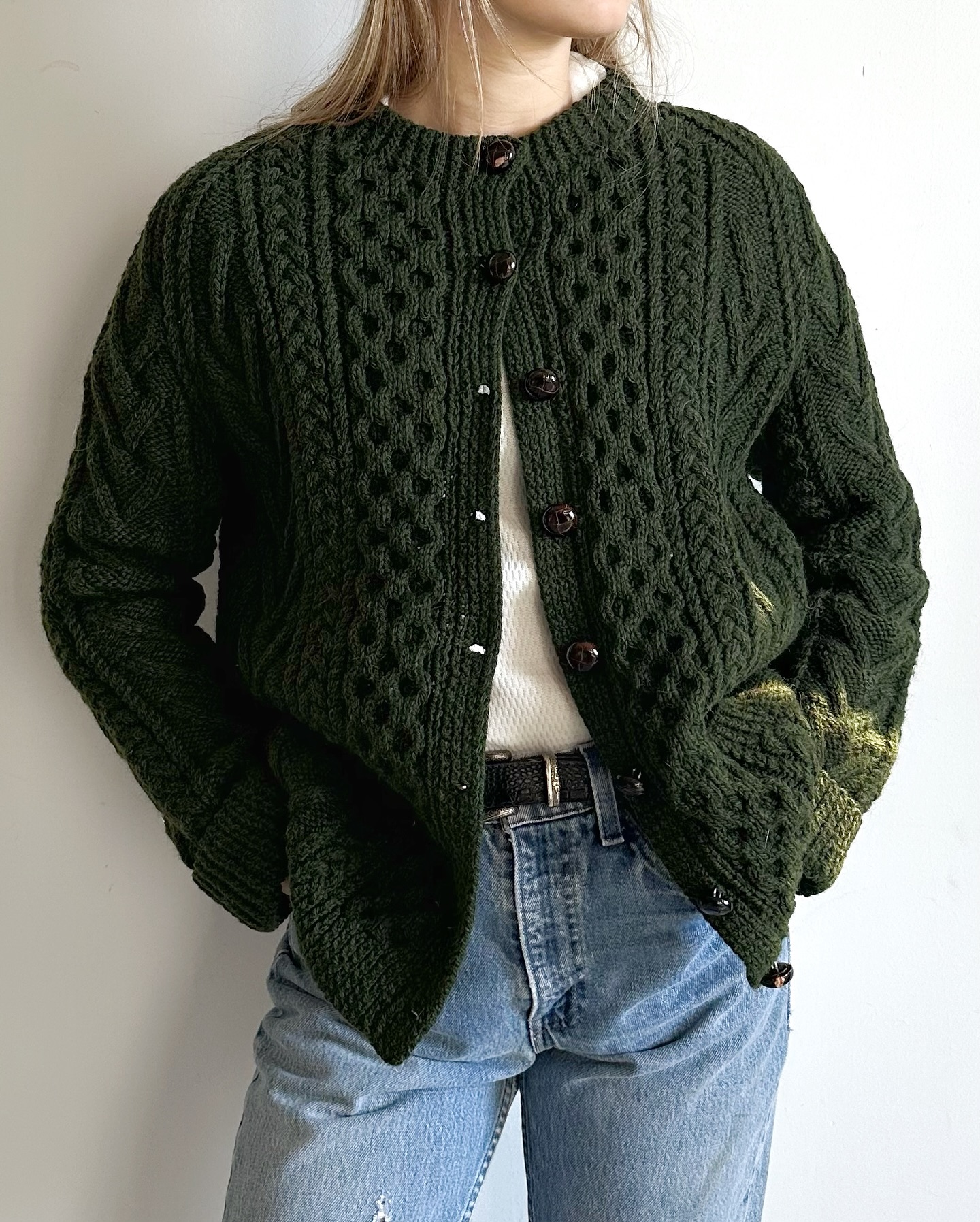 1980s - Cream Handknit Cardigan - (W)M - 10